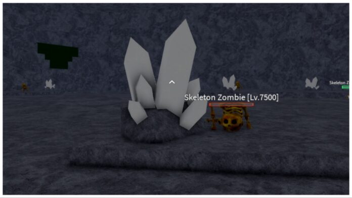 Feature image for our verse piece light ores guide showing the cave system with a defeated zombie skeleton on the ground next to a white iron ore vein