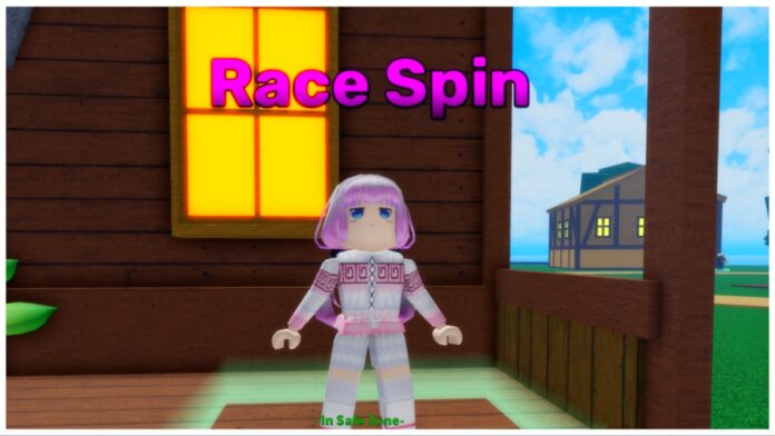 Feature image for our z piece races guide showing kanna from MKDM in a roblox body style standing outside of a wooden saloon with race spin wrote above her head in pink