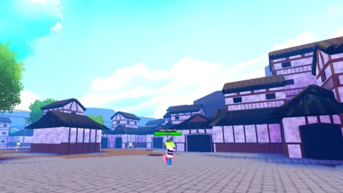 Feature image for our Anime Kingdom Simulator Avatars guide. Image shows a small town with houses and buildings.