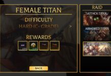 Attack On Titan Revolution Female Titan Raid Guide – Completing The Raid and All Rewards Feature image for our Attack On Titan Revolution Female Titan Raid guide. Image shows the raid loading screen listing the rewards and difficulty.
