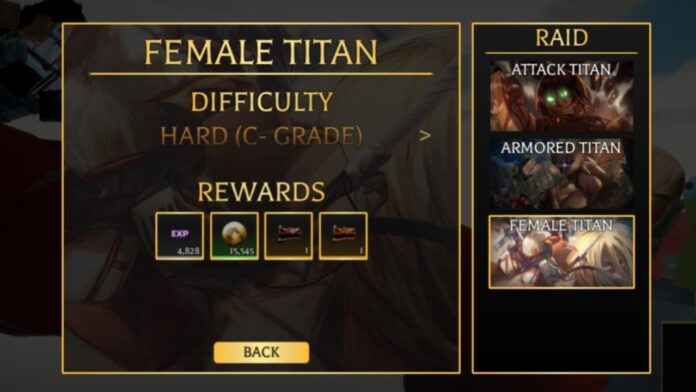 Feature image for our Attack On Titan Revolution Female Titan Raid guide. Image shows the raid loading screen listing the rewards and difficulty.