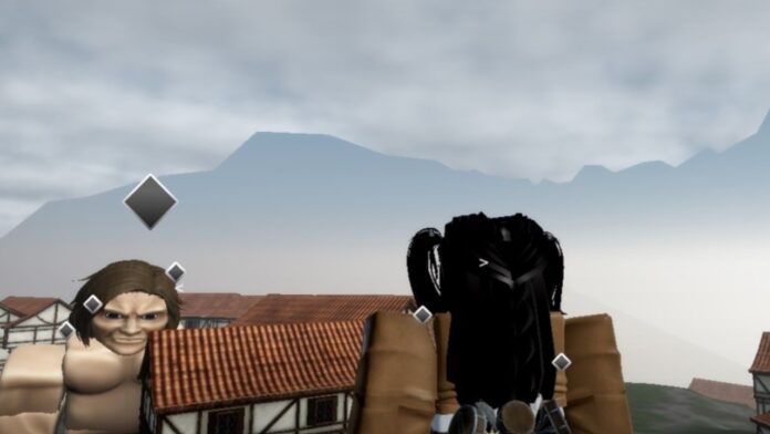 Feature image for our How To Get Female Titan Serum In Attack On Titan Revolution guide. Image shows a character looking over at houses in the distance with a titan coming towards her.