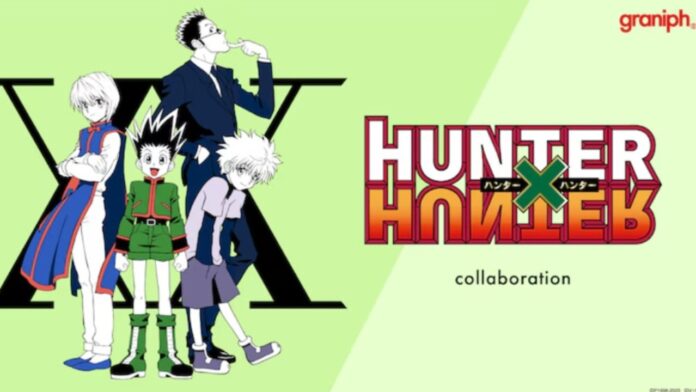 Feature image for our Hunter x Hunter Graniff Collaboration news piece. Image shows the Hunter x Hunter logo with four of the main characters.