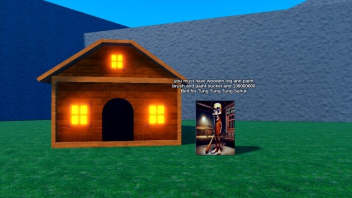 Feature image for our Rock Fruit Brainrot Update guide. Image shows a small house and a card NPC.