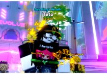 Anime Rangers X Codes Guide – Release Rewards! feature image for our anime rangers x codes guide showing a player in the dio pose with a yellow fiery aura surrounding them as they stand beside their dio unit in the main lobby in front of the evolution area
