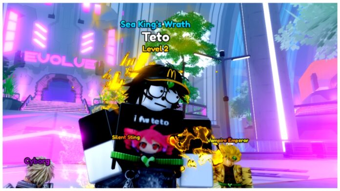 feature image for our anime rangers x codes guide showing a player in the dio pose with a yellow fiery aura surrounding them as they stand beside their dio unit in the main lobby in front of the evolution area