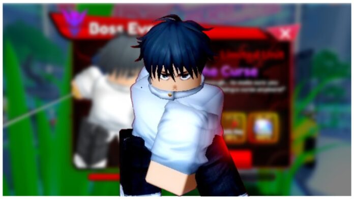 Feature image for our anime rangers x cursed love guide showing yuta in front of his boss event poster which is blurred as the background