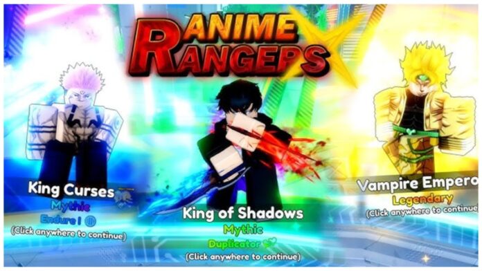 Feature image for our anime rangers x evolution guide showing three units in front of a shifting colourful background with the game logo in the top centre