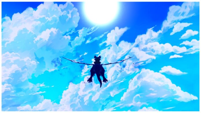 Feature image for our arise crossover baby dragon mount guide showing a small blue dragon flying skywards with a rider on its back as they head closer to the clouds in the high sky.
