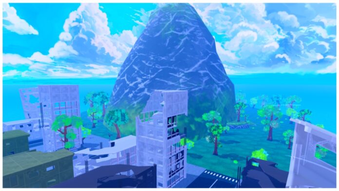 Feature image for our arise crossover dedu island guide showing dedu island with a giant cave like volcano in the background