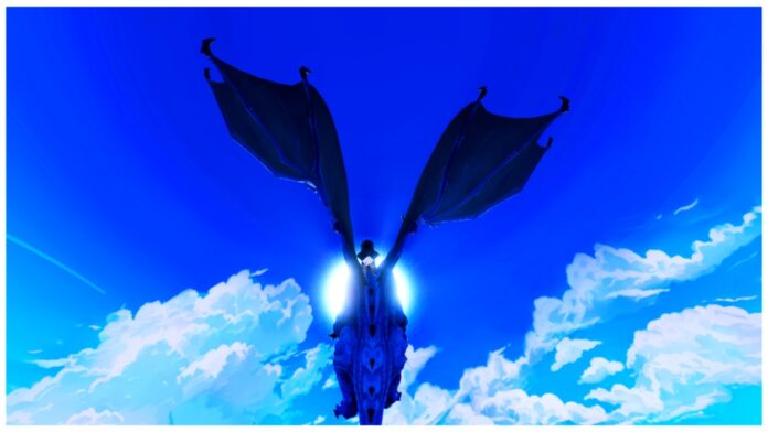 Feature image for our arise crossover easter codes guide showing a player flying towards the sun on their blue dragon mount