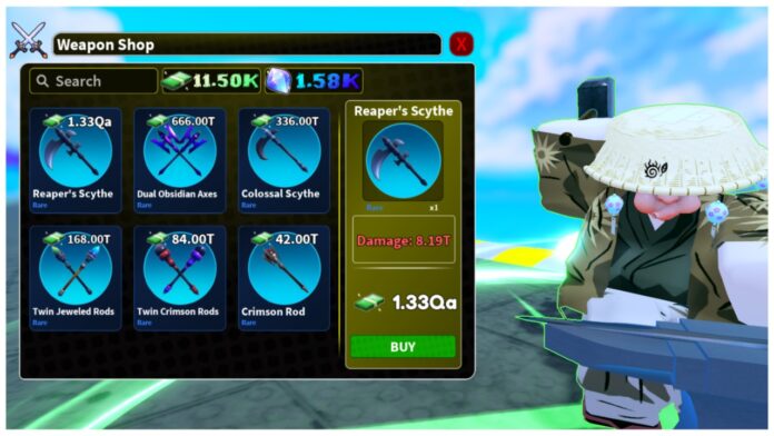 Feature image for our arise crossover reapers scythe guide showing the shop merchant of mori town with the reapers scythe selected