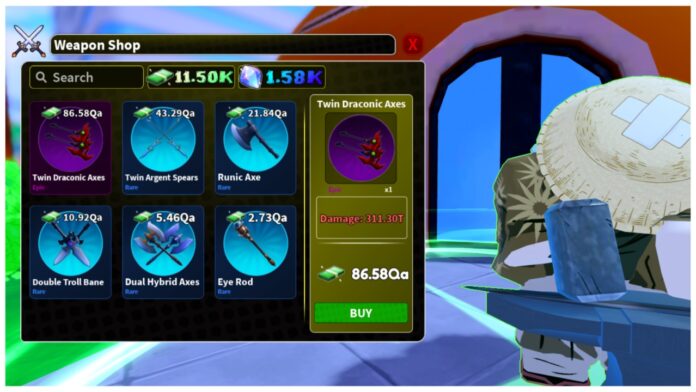 Feature image for our arise crossover twin draconic axes guide showing the shop merchant with the weapon highlighted