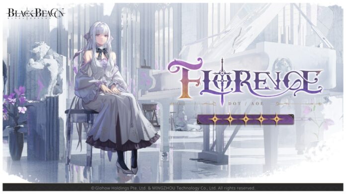 feature image for our black beacon reroll guide showing the florence unit sitting elegantly on a chair to the left with her name in fancy font on the right with five stars beneath it