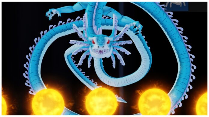 Feature image for our dragon soul controls guide showing a blue dragon with 5 glowing suns in front of it