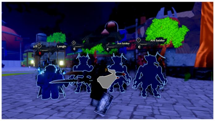Feature image for our how to get monarch in arise crossover guide showing a player with their four strongest shadows at night time as they wield their weapon