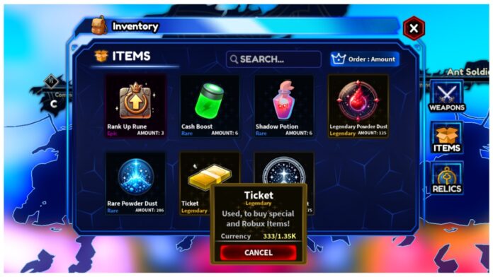 Feature image for our how to get tickets in arise crossover guide showing the tickets in a players inventory amongst other in-game loot items