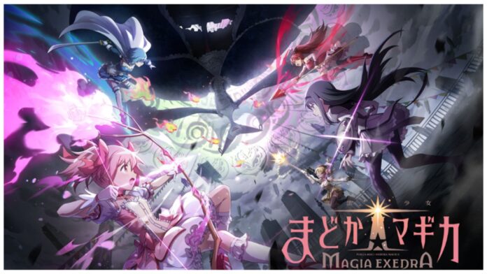 Feature image for our madoka exedra reroll guide showing a bunch of magical girls in their uniform suspended in air as they all aim and fire at a witch in the distance