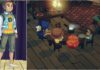 The main character, Sand, from Maliki: Poison of the Past in the character settings window as they stand on a wooden floor with a purple curtain behind them. On the right is a screenshot of the main group of character sitting around a table sharing a pot of food in a cosy house.