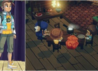The main character, Sand, from Maliki: Poison of the Past in the character settings window as they stand on a wooden floor with a purple curtain behind them. On the right is a screenshot of the main group of character sitting around a table sharing a pot of food in a cosy house.