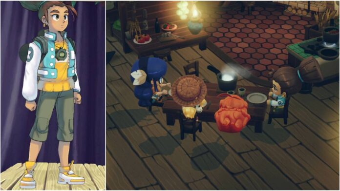 The main character, Sand, from Maliki: Poison of the Past in the character settings window as they stand on a wooden floor with a purple curtain behind them. On the right is a screenshot of the main group of character sitting around a table sharing a pot of food in a cosy house.