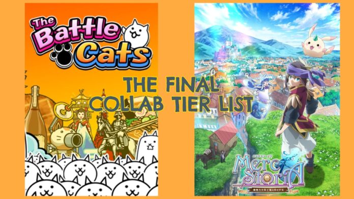 Feature image for our merc storia battle cats tier list showing two game posters with text in the middle reading THE FINAL COLLAB TIER LIST