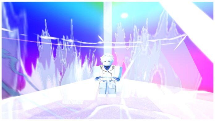 Feature image for our rock fruit regulus guide showing the npc between two rainbow buildings with a white aura surrounding him