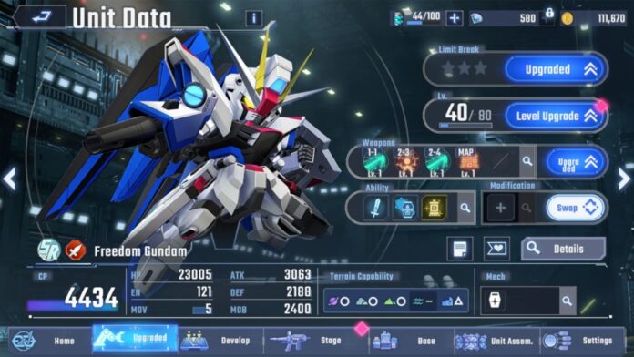 Feature image for our sd gundam g generation eternal tier list showing a units data page with all its stats surrounding its main feature png