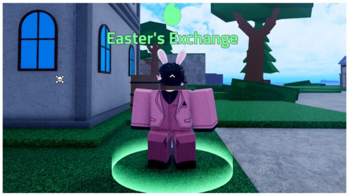 Feature image for our verse piece easter exchange guide showing the npc wearing a pink suit and bunny ears on verse island