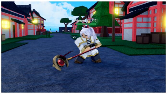 Feature image for our verse piece frieren spells scroll guide showing the frieren boss in jujutsu village holding her staff