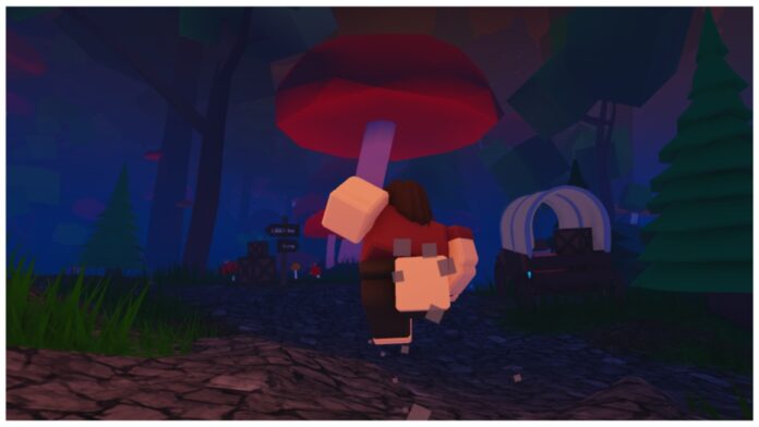 Feature image for our vesteria elven hero quest guide showing a player running at night time through the mushroom forest