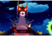 Weapon Fighting RNG Rarest Shadow – The META Shadow! Feature image for our weapon fighting rng rarest dragon guide showing the lava dragon peering from a hole in the ground bearing its white teeth
