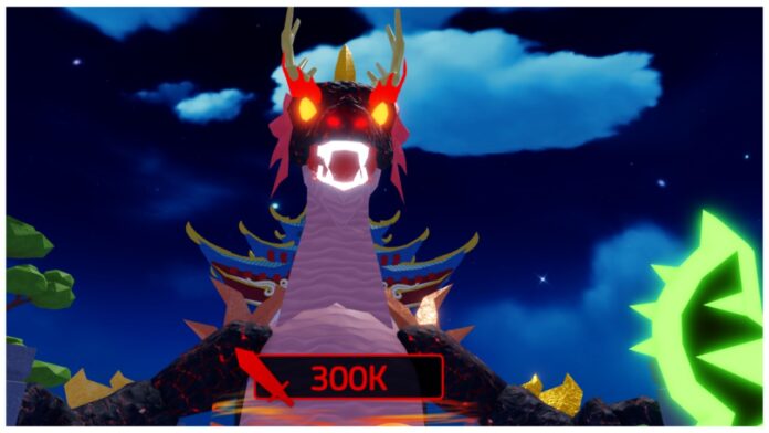 Feature image for our weapon fighting rng rarest dragon guide showing the lava dragon peering from a hole in the ground bearing its white teeth