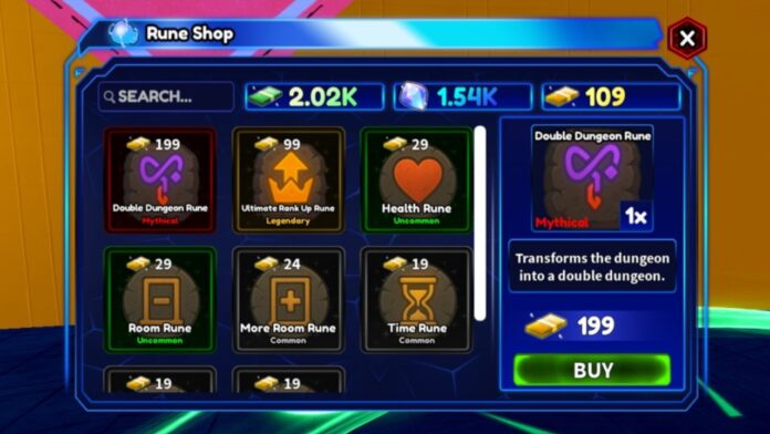 Feature image for our Arise Crossover Double Dungeon Rune guide. Image shows a Rune Shop listing all the items for sale.