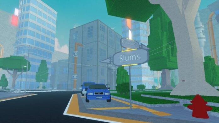 Feature image for our Fire Force Online Clans guide. Image shows a city with buildings, trees, and parked cars.