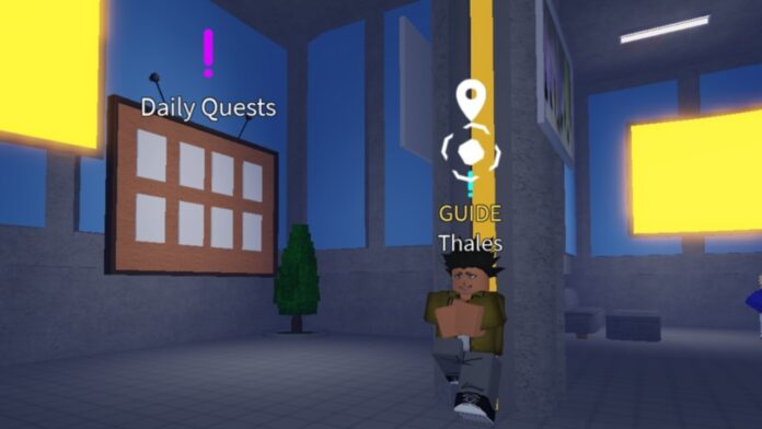 Feature image for our Fire Force Online Subclasses guide. Image shows the inside of a building with a daily quests board and a guide NPC leaning on the wall.