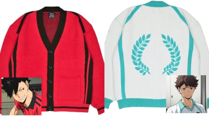 Feature image for our Haikyu Steady Hands Collaboration news piece. Image shows two cardigan designs with the matching anime character.