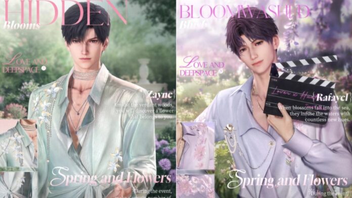 Feature image for our Love And Deepspace Spring And Flowers guide. Image shows Zayne and Rafayel from Love and Deepspace side-by-side.
