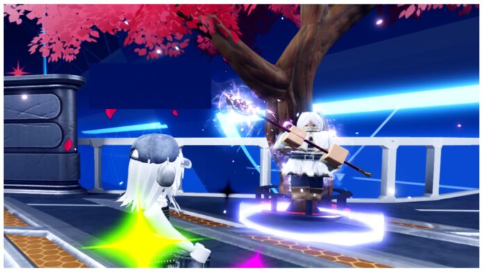 Feature image for our anime saga codes guide showing a player looking at the frieren npc in the main lobby surroudned by red petals from a tree in a neon led like city scape