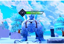 Arise Crossover Crown of Snow Feature image for our arise crossover crown of snow guide showing the snow bear boss on winter island looking to the camera bearing its icy blue fangs