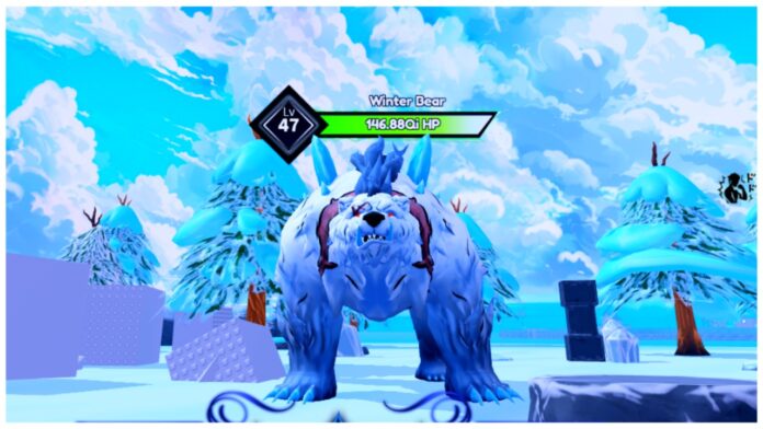 Feature image for our arise crossover crown of snow guide showing the snow bear boss on winter island looking to the camera bearing its icy blue fangs