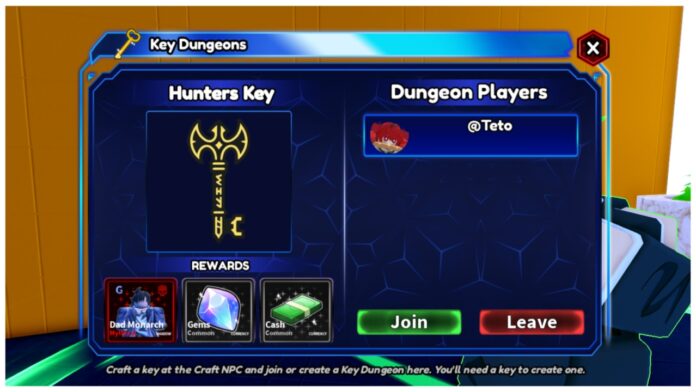 Feature image for our arise crossover dad monarch guide showing the hunters key in the key dungeons menu with dad monarch as a drop reward in the bottom left
