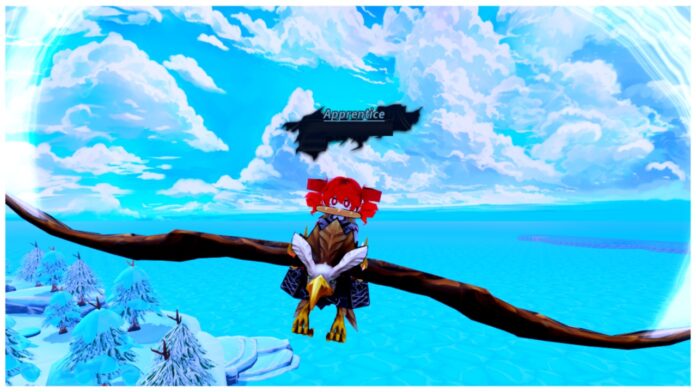 Feature image for our arise crossover world bosses guide showing a player on the back of a wild eagle mount flying above the winter raid island
