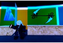 How To Get The Arise Crossover World Champion Title – Plus Title Perks! Feature image for our arise crossover world champion guide showing a blue haired npc in front of a glass display case with weapons inside