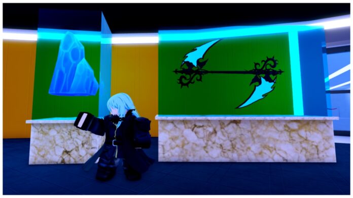 Feature image for our arise crossover world champion guide showing a blue haired npc in front of a glass display case with weapons inside
