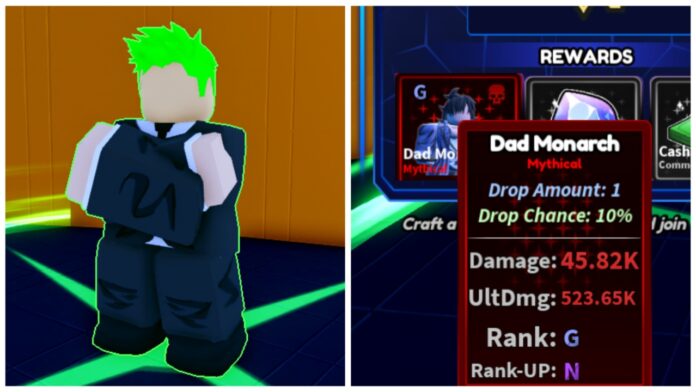 Feature image for our best n rank shadow in arise crossover guide showing the key dungeon npc on the left with his arms folded, no face, and green hair, with the dad monarch stats on the right