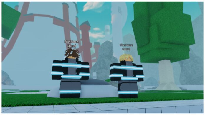 Feature image for our fire force reignition augment tier list showing two fire force guards standing at the top of a concrete staircase