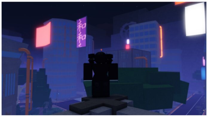 Feature image for our how to get shos katana in fire force reignition guide showing a player stood on a building top at night looking down on a vibrant city