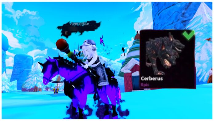 Feature image for our how to get the cerberus mount in arise crossover guide showing a player on a monarch horse with a cerberus inventory image to the right
