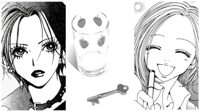Nana Osaki and Nana Komatsu, with the strawberry glass and the key to their apartment.